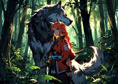 Anime Warrior Girl with Giant Wolf