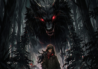 Girl Confronting Giant Shadow Wolf