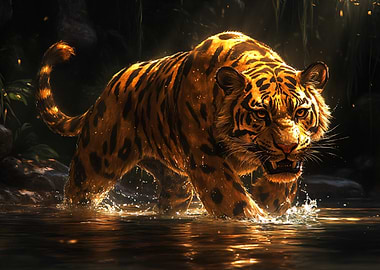 Golden Tiger Wading Through Water
