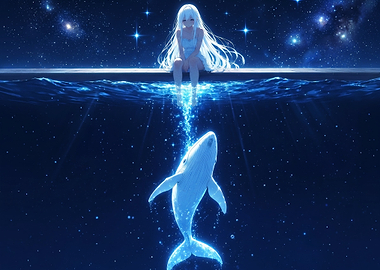 Anime Girl Sitting With Glowing Whale