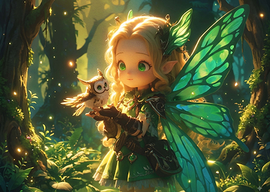 Fairy with Owl in Enchanted Forest
