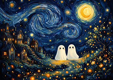 Two Cute Ghosts in Starry Night