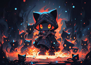 Chibi Cat Mage in Fire