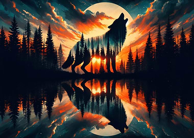 Double Exposure Wolf Howling at Moon