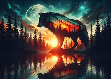 Double Exposure Wolf Forest Sunset