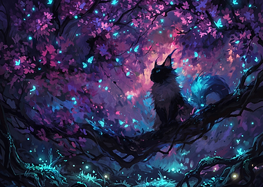 Mystical Cat in Glowing Forest