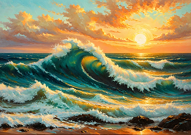 Golden Sunset Over Crashing Ocean Waves