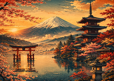 Mount Fuji and Pagoda Sunset Landscape