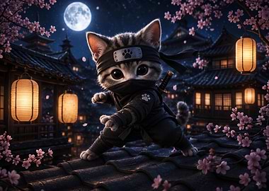 Cute Ninja Kitten on Rooftop
