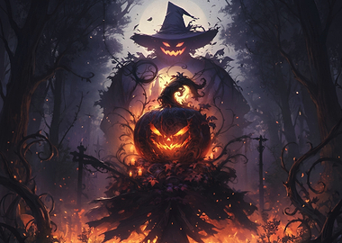 Eerie Halloween Jack-o'-Lantern Forest Scene