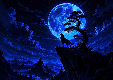 Wolf Howling at Blue Moon