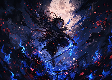 Masked Samurai Under Full Moon