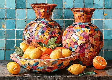 Mosaic Vases and Citrus Fruit Still Life