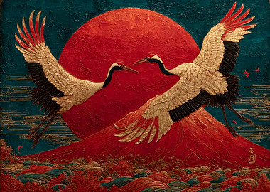 Red-Crowned Cranes and Rising Sun