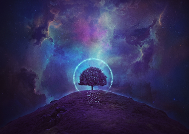Glowing Tree Under Cosmic Sky