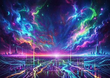 Neon Cyberpunk Cityscape Under Cosmic Sky