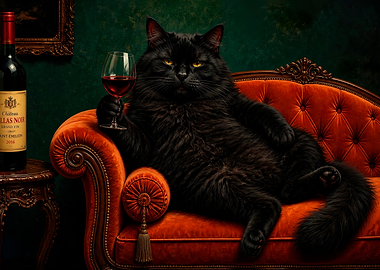 Sophisticated Black Cat Drinking Wine