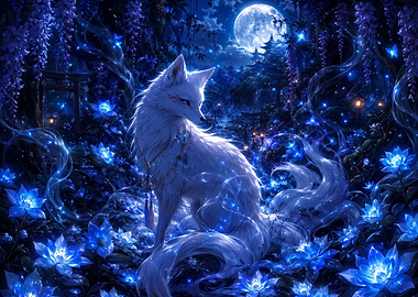 Mystical White Fox in Moonlight Forest