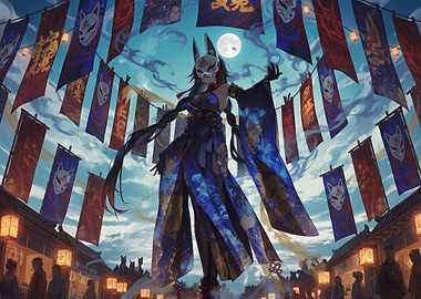 Kitsune Masked Figure at Night Festival