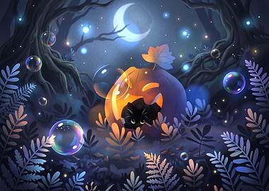 Black Cat Inside Glowing Halloween Pumpkin
