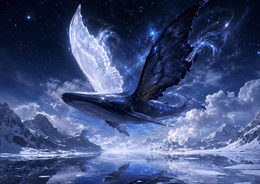Celestial Winged Whale Over Mountains