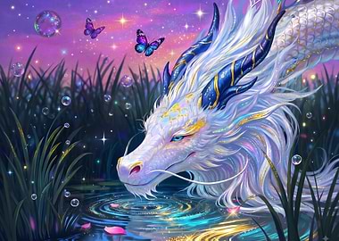 Ethereal White Dragon at Twilight Pond