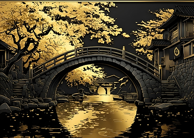 Golden Japanese Bridge and River Scene