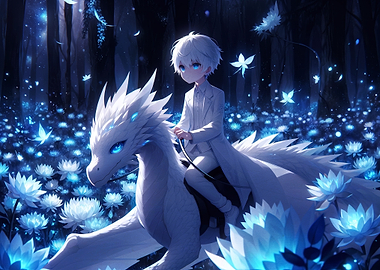 Boy Riding White Dragon in Forest