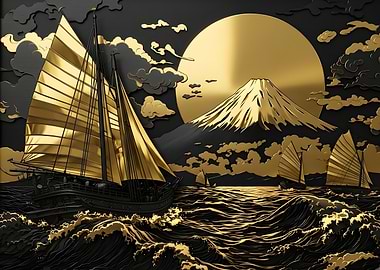 Golden Junk Ships and Mount Fuji