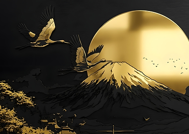 Golden Cranes and Mount Fuji Art