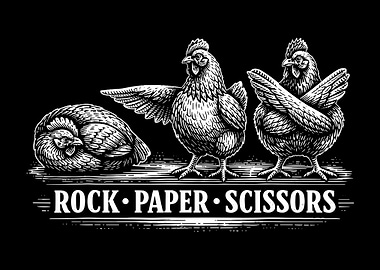 Rock Paper Scissors Chickens Vintage Engraving Wall Art | Funny Farmhouse Poster