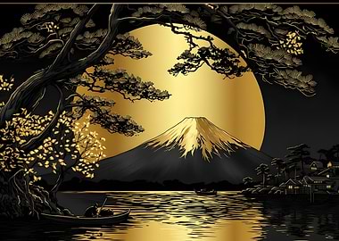 Golden Mount Fuji Landscape Art