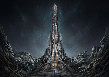 Dark Fantasy Spire in Alien Landscape
