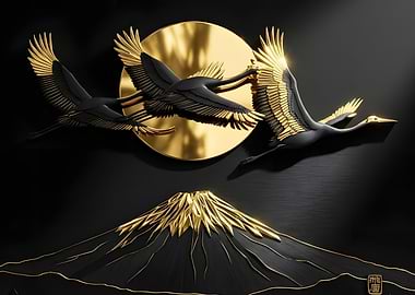 Gold and Black Crane Wall Art