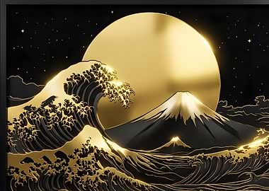 Golden Great Wave and Mount Fuji