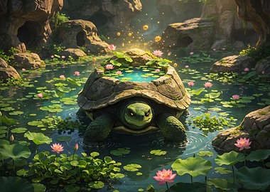 Giant Magical Turtle in Lotus Pond