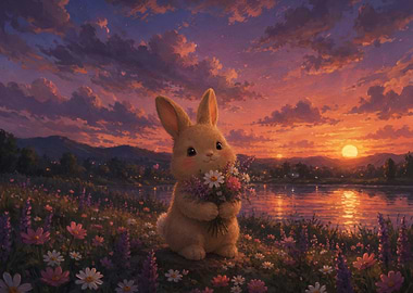 Cute Bunny Holding Flowers at Sunset