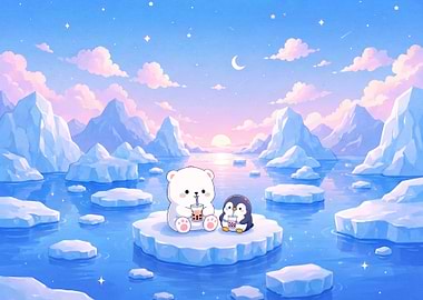 Cute Polar Bear and Penguin Drinking Boba