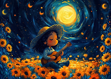 Girl Playing Guitar in Sunflower Field
