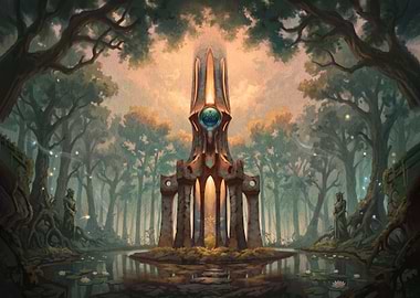Mystical Forest Shrine with Glowing Tower