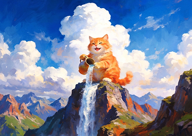 Giant Cat Pouring Mountain Waterfall