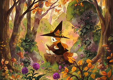 Cute Witch Cat Reading in Forest