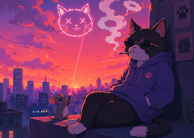 Cool Cat and Mouse Rooftop Sunset