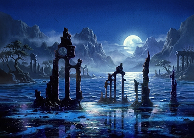Moonlit Ruins Over Mystic Waters