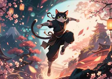 Ninja Cat in Cherry Blossom Landscape