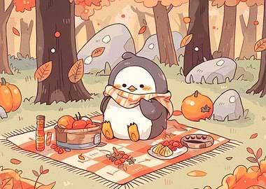 Cute Penguin Autumn Picnic Illustration