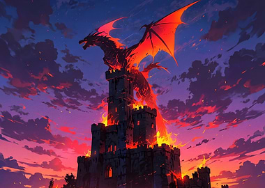 Dragon Perched on Burning Castle