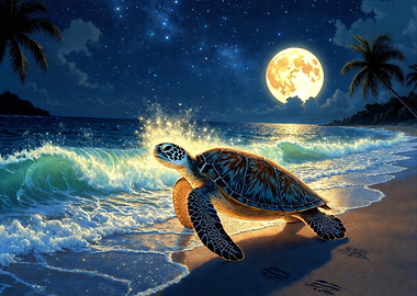 Sea Turtle on Moonlit Beach
