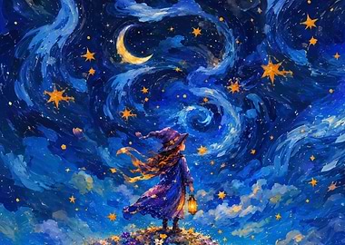 Little Witch Under Starry Sky