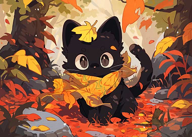 Cute Black Cat in Autumn Forest